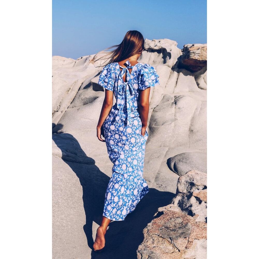 Pink City Prints Tuckernuck Sky Wallflower Seville Midi Dress Blue Floral S